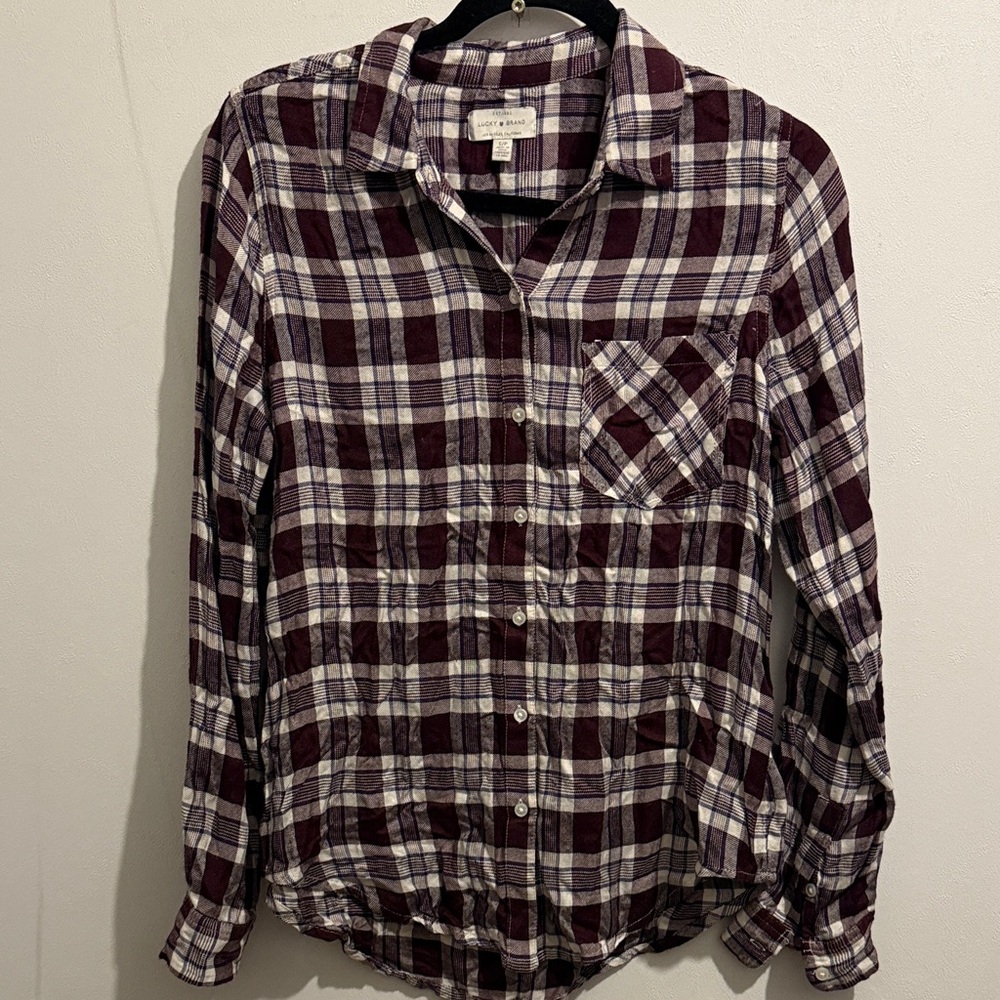 🧡Lucky Brand Maroon and Cream Plaid Shirt